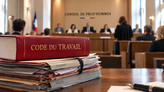Un Code du travail posé sur une pile de dossiers et de pièces, devant une audience du conseil de prud’hommes.