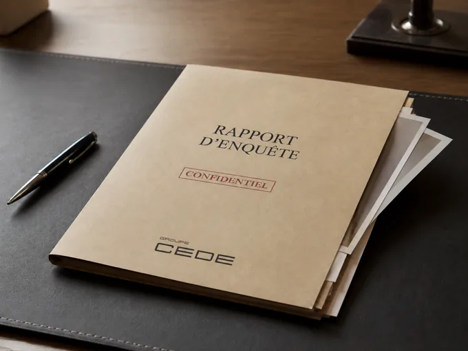 Un rapport d’enquête du Groupe CEDE marqué « Confidentiel », posé sur un bureau avec ses pièces.