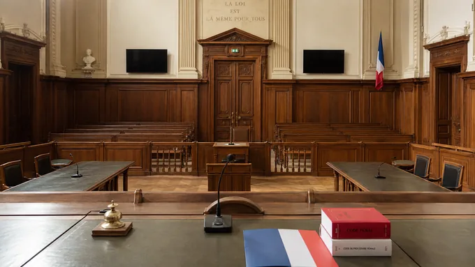 Une salle d’audience française vide, les codes posés sur le bureau du magistrat.