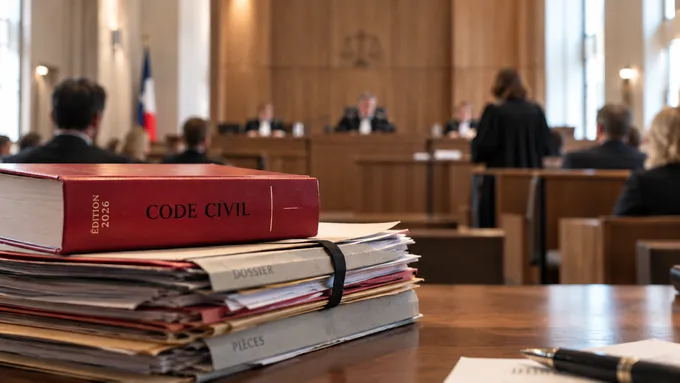 Un Code civil posé sur une pile de dossiers et de pièces, devant une salle d’audience où siègent des magistrats.