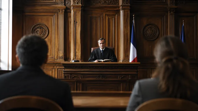 Vus de dos, deux personnes assises côte à côte face à un juge, dans une salle d’audience française.
